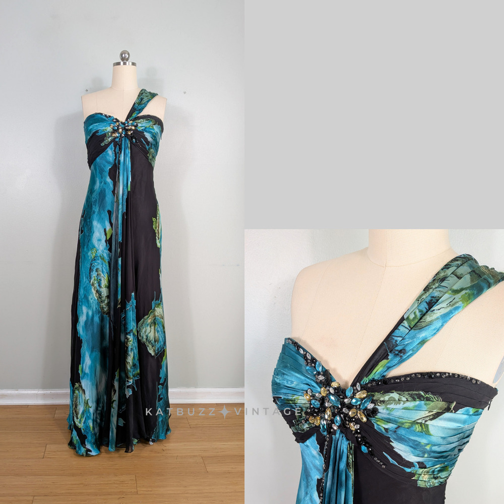 Vintage Prom Dress Maxi Gown 10 Blue Black Floral Silk Burnout Y2K Babydoll Bead